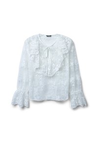 Camicia bianca con una texture in pizzo floreale, colletto arricciato, chiusura a legatura e maniche svasate. Tessuto leggero e dettagli delicati.