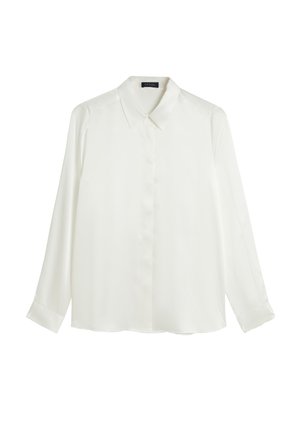 Blusa bianca a maniche lunghe realizzata in tessuto morbido, con colletto classico, chiusura frontale con bottoni e polsini con bottone. Design semplice e minimalista.