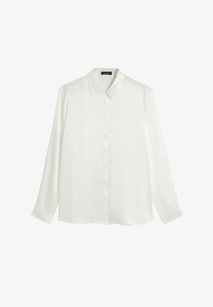 Weiße Bluse mit langen Ärmeln aus glattem Stoff, klassischem Kragen, durchgehender Knopfleiste und geknöpften Manschetten. Einfaches, minimalistisches Design.