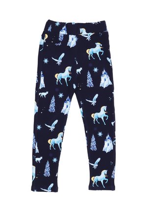 Marinefarbene Leggings aus elastischem Material mit einem verspielten Muster von Einhörnern, Schlössern, Bäumen und Schneeflocken in Blau und Weiß.