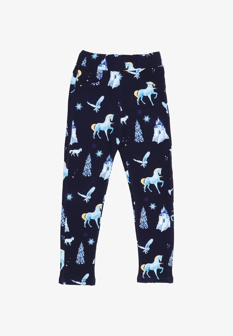 Marinefarbene Leggings aus elastischem Material mit einem verspielten Muster von Einhörnern, Schlössern, Bäumen und Schneeflocken in Blau und Weiß.