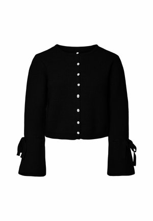 Cardigan nero a coste con collo rotondo, chiusura frontale con bottoni bianchi e maniche lunghe con nastri legati ai polsini.