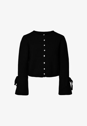 Cardigan nero a coste con collo rotondo, chiusura frontale con bottoni bianchi e maniche lunghe con nastri legati ai polsini.
