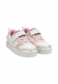 Sneakers rosa e bianchi con una finitura glitterata, tomaia in rete, cintura regolabile e accenti lucidi a contrasto. Suola in gomma. Dimensione per bambini.
