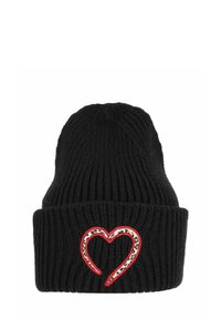 Black knitted beanie with ribbed texture and a folded cuff. Features a colorful heart design with a Leopard print outline.