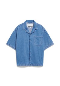 Korte mouwen spijkerblouse in lichtblauw met een knoopsluiting aan de voorkant, een enkele borstzak en een relaxte pasvorm. Gemaakt van denim stof.