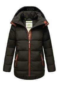Black puffer jacket with a hood. Features contrasting brown zippers and accents, quilted texture, and a branded label inside.