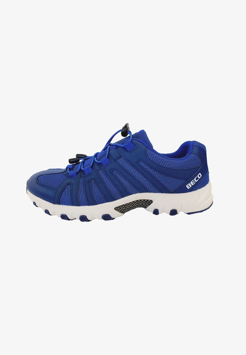 Chaussures de sport bleues avec tige en mesh respirant, semelles en caoutchouc et lacets élastiques. Présente un motif texturé et des accents blancs contrastés.