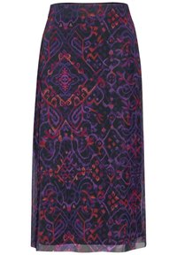 En knä-lång kjol i svart tyg med ett livligt abstrakt mönster i lila och röda nyanser, med en slät textur och rak design.