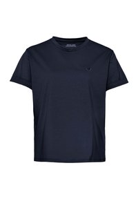 T-shirt a maniche corte blu navy realizzato in tessuto morbido, con scollatura rotonda e un piccolo logo sul petto.