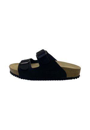 Sandalo nero con punta aperta, due cinturini regolabili con fibbia e soletta in sughero con suola nera texturizzata.