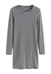 Langarmkleid in Schwarz-Weiß-Streifen, mit Rundhalsausschnitt und weichem Stoff. Gerade geschnitten mit lockerem Sitz, ohne zusätzliche Details.