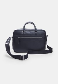 Sort læder dokumentmappe med dobbelte håndtag, aftagelig stof skulderrem, lynlåslomme foran og tekstureret overflade.