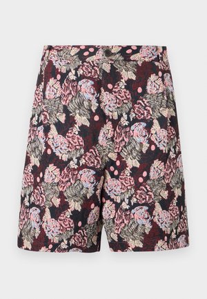 Virágmintás rövidnadrág könnyű anyagból, sötét alapon rózsaszín és kék virágokkal és pöttyökkel. Testhezálló szabás, sík elülső résszel.