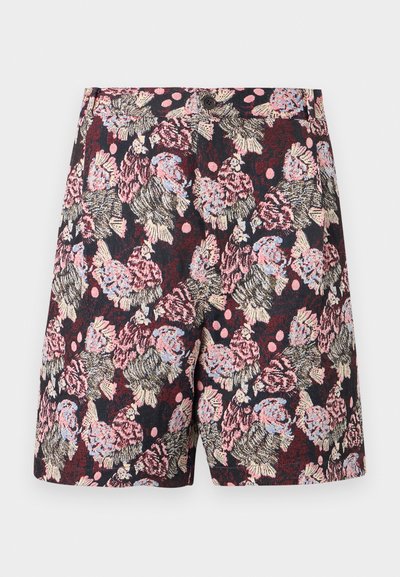 Φλοράλ σορτς κατασκευασμένα από ελαφρύ ύφασμα, με σκούρο φόντο και ροζ και μπλε λουλούδια καθώς και πουά. Κομψή εφαρμογή με επίπεδη μπροστινή όψη.