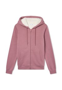 Felpa con cappuccio zip-up in mauve. Presenta un morbido rivestimento in pile bianco, tasche frontali e cappuccio con coulisse. Tessuto liscio con polsini a costine.