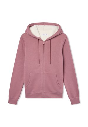 Kapturowa bluza z zamkiem w kolorze mauve. Posiada miękką, białą wyściółkę z polaru, kieszenie z przodu oraz kaptur ze sznurkiem. Gładki materiał z ściągaczami na mankietach.