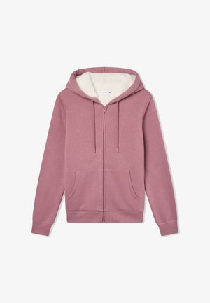 Kapturowa bluza z zamkiem w kolorze mauve. Posiada miękką, białą wyściółkę z polaru, kieszenie z przodu oraz kaptur ze sznurkiem. Gładki materiał z ściągaczami na mankietach.