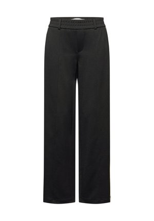 Schwarze gerade geschnittene Hose mit elastischem Bund und Gürtelschlaufen, mit dezenten Seitenstreifen und vorderen Nahtdetails.