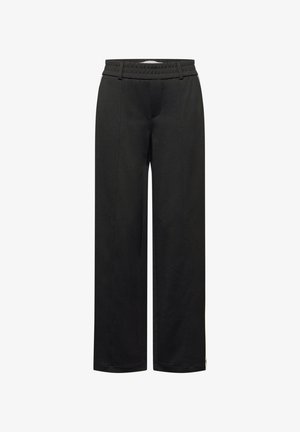 Schwarze gerade geschnittene Hose mit elastischem Bund und Gürtelschlaufen, mit dezenten Seitenstreifen und vorderen Nahtdetails.