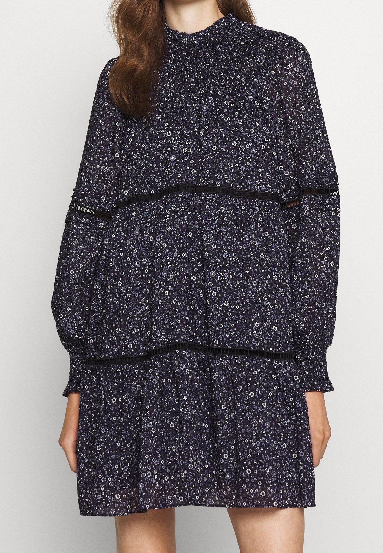 fitted lace wedding dress Michael Michael Kors Womens Petites Floral Print Midi Dress Purple PL main image 0