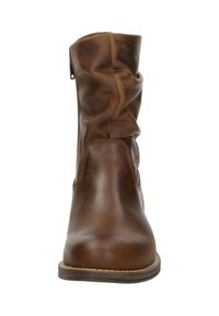 Brown leather ankle boot with a slouchy design, rounded toe, side zipper, and flat sole. Smooth texture with subtle creases and stitching details.
