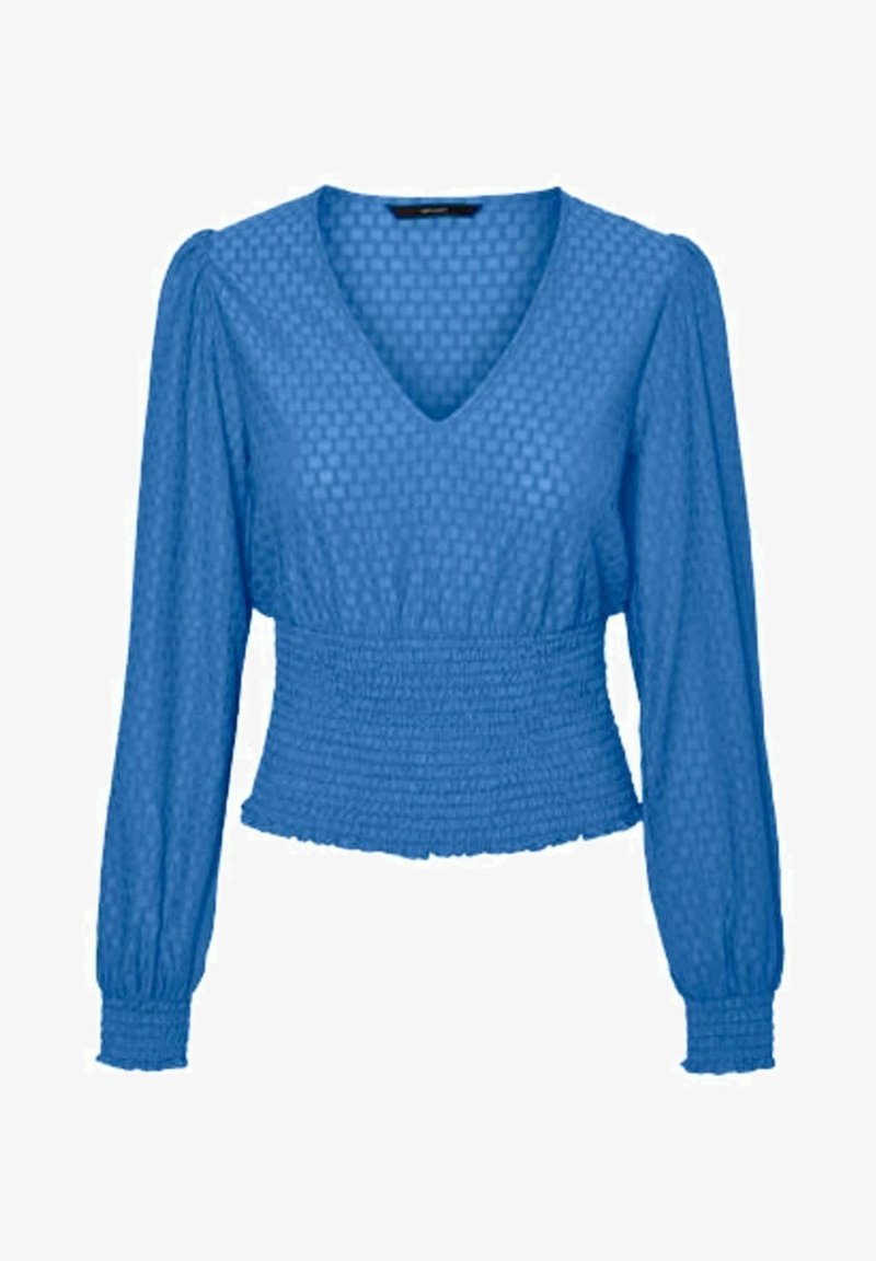 Blouse bleue à manches longues avec motif carré texturé, col en V, taille froncée et poignets ajustés.