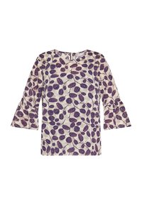 Top floreale con maniche a tre quarti a campana e scollatura tonda. Presenta uno sfondo crema chiaro con fantasie di foglie viola.