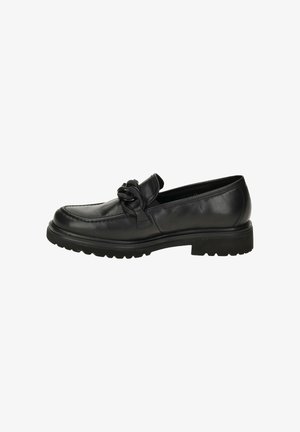 Black leather loafer shoe with a knotted accent, rounded toe, and thick rubber sole. Smooth texture with stitching detail on the vamp.