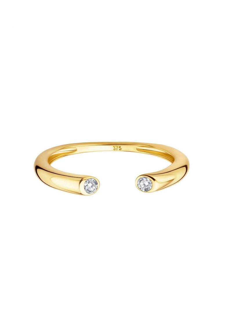 Gold-tone ring with a smooth, open design, featuring two round, clear stones on the ends. Marked with "375."