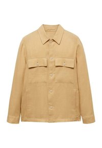 Béžová lněná bunda s klasickým límcem, dvěma náprsními kapsami a předním zapínáním na knoflíky. Má dlouhé rukávy a rovný střih.