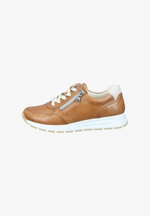 Tan leather sneaker with white accents, featuring a side zipper, round toe, and textured stitching. Rubber sole provides durability.