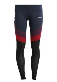 Legginsy w kolorze granatowym, czerwonym i bordowym z wzorem, wykonane z elastycznego materiału, z wysokim stanem i gładką fakturą, z logo z tyłu.