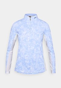 Lyseblå langermet topp med glidelås-krage, blomster mønster og mesh-detaljer på sidene og ermene. Mykt, atletisk stoff.
