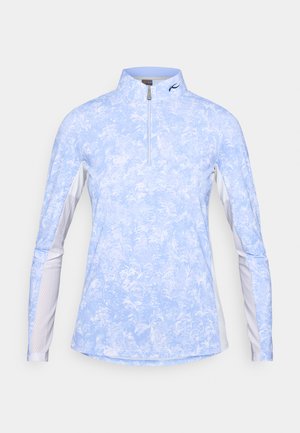 Blusa de manga longa azul clara com gola com zipper, padrão floral e detalhes em malha nas laterais e mangas. Tecido macio e atlético.