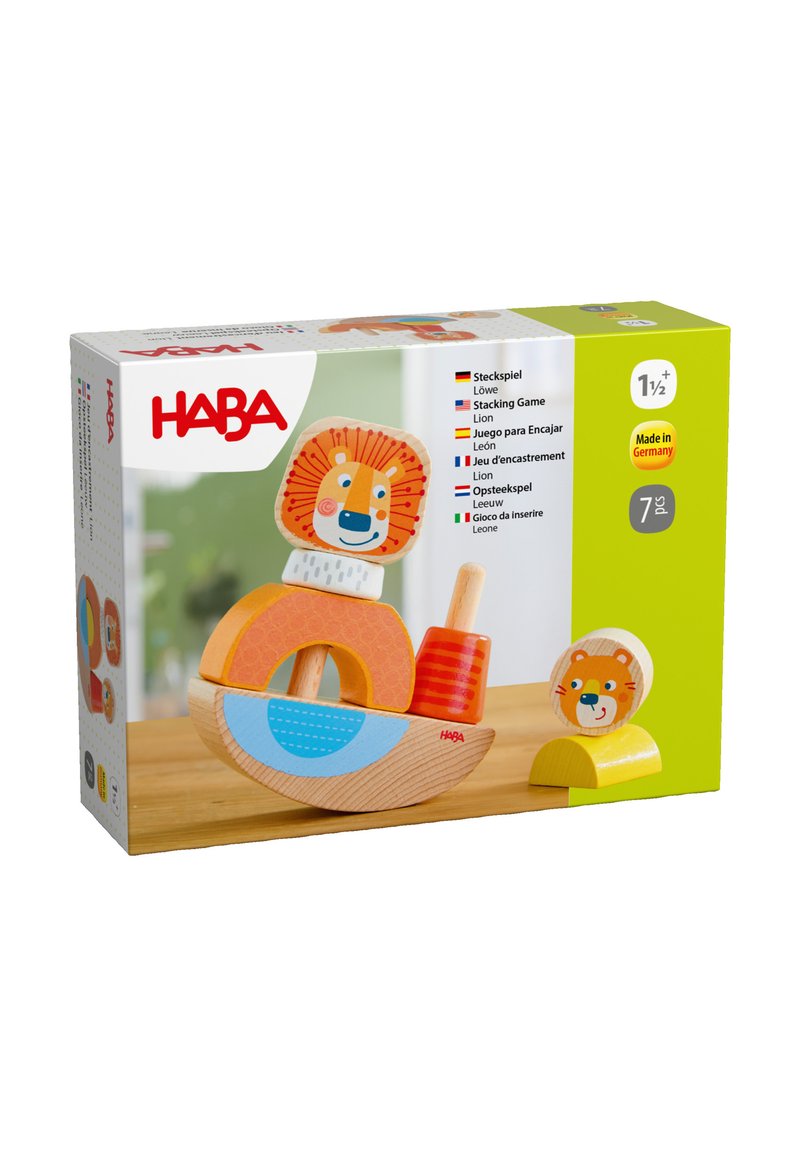 Wooden stacking toy featuring bright colors: orange, blue, and red. Includes lion-shaped top piece and round base. Made in Germany.