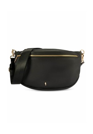 Czarna skórzana torba na ramię z złotym zamkiem błyskawicznym i okuciami, regulowany czarny pasek oraz mały złoty emblemat konika morskiego z przodu.