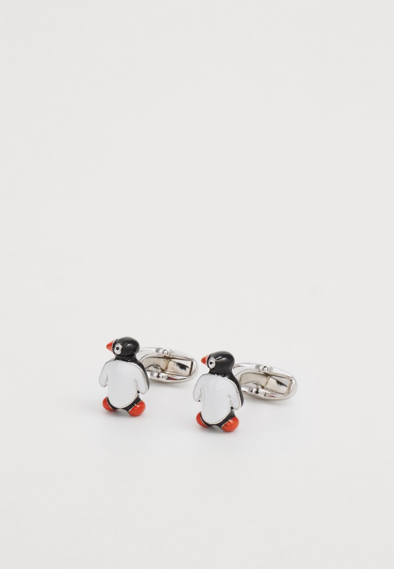 Penguin-shaped cufflinks with black, white, and red enamel detailing, featuring a silver-tone fastening and smooth finish.