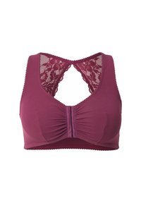 Podprsenka v barvě mauve s předním zapínáním, řasenými košíčky a krajkovými detaily na zádech, navržená pro pohodlí a styl.