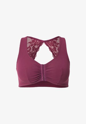 Soutien-gorge mauve avec fermeture à l'avant, à bonnets froncés et détail en dentelle dans le dos en forme de Y, conçu pour le confort et le style.