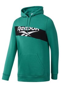 Sweat à capuche vert avec bande horizontale noire affichant un logo blanc. Comprend une poche avant ainsi que des poignets et un ourlet côtelés.