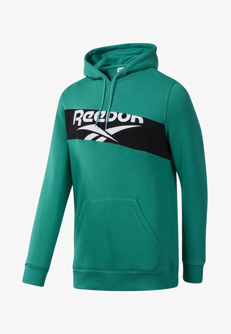 Sweat à capuche vert avec bande horizontale noire affichant un logo blanc. Comprend une poche avant ainsi que des poignets et un ourlet côtelés.