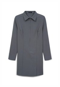 Abito camicia grigio a maniche lunghe con colletto, zip frontale e spacchi laterali. Tessuto morbido con cuciture minime e una vestibilità su misura.