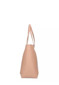 Borsa tote in pelle tan con forma affusolata, dotata di doppie spalline e accessori in tonalità dorata, texture liscia senza motivi visibili.