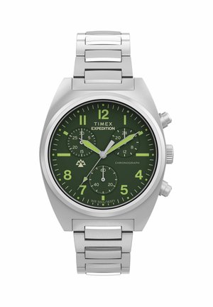 Timex Expedition rozsdamentes acél karóra zöld számlappal, fluoreszkáló mutatókkal, három számlappal és kronográf funkcióval.