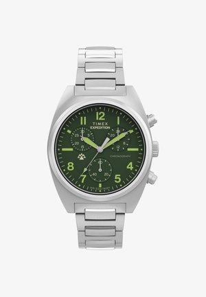 Timex Expedition horloge van roestvrij staal met groene wijzerplaat, fluorescerende wijzers, drie subwijzerplaten en chronograaffunctie.