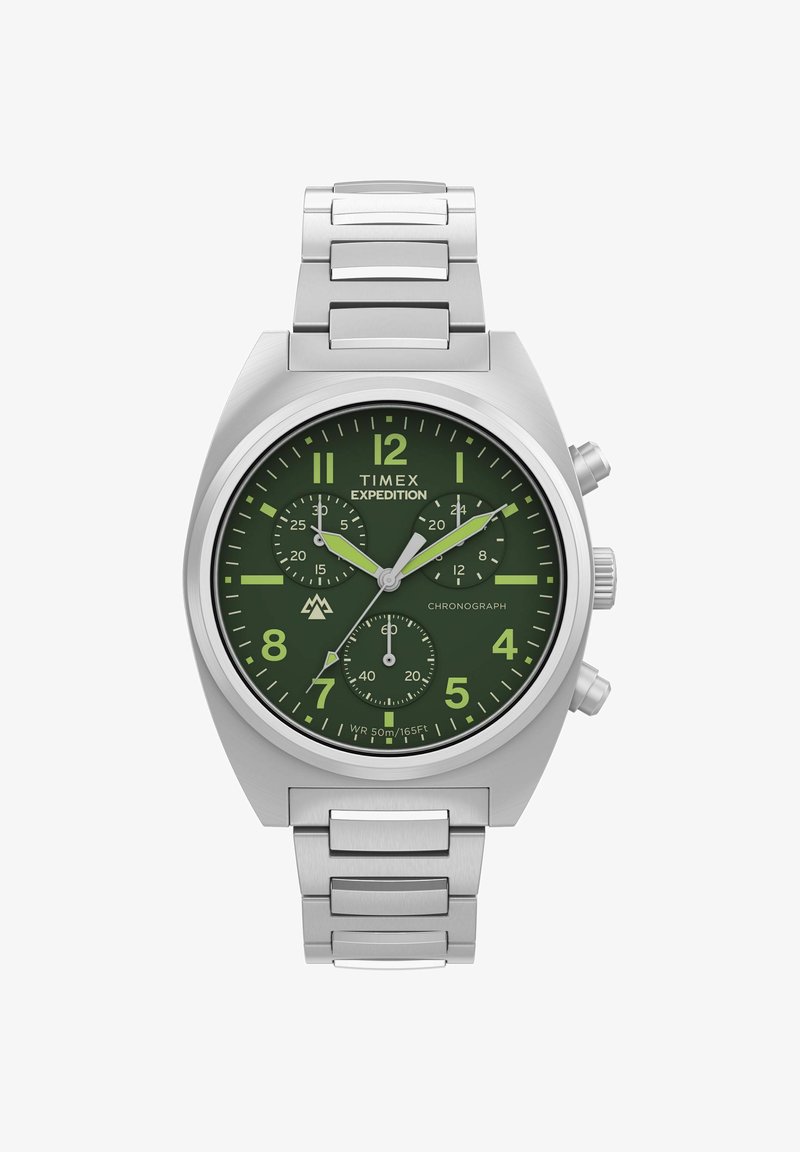 Montre Timex Expedition en acier inoxydable avec cadran vert, aiguilles luminescentes, trois sous-cadrans et fonction chronographe.