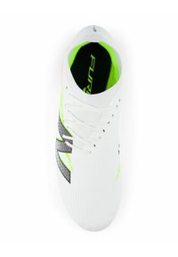 White soccer cleat with black and neon green accents, laces tied, and "FUTURE" printed inside the shoe on a black insole.