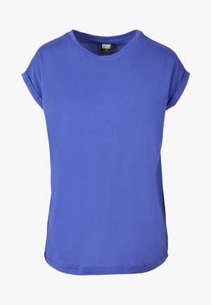 Fialové tričko s krátkým rukávem vyrobené z měkké látky, s kulatým výstřihem a uvolněným střihem; má ohrnuté rukávy a rovný lem na spodním okraji.