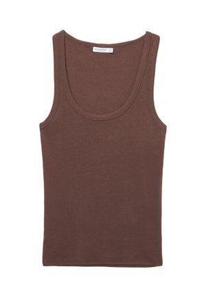 Hnědý bavlněný top bez rukávů s kulatým výstřihem a širokými ramínky, s hladkou texturou a neformálním designem.